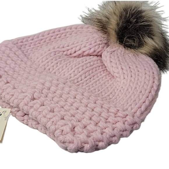 Nardi & Tagliaferri False Band Knit Light Pink Beanie with Faux Fur Pom Pom OS - Picture 8 of 8